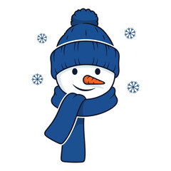 Cute cartoon snowman head with blue hat and scarf winter illustration
