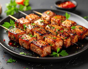 Glazed pork skewers plated, sprinkled with herbs