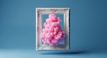 Pink fluffy cloud in ornate white frame on a clean blue backdrop.