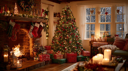 Experience the magic of Christmas with a beautifully decorated tree and cozy fireplace, creating a warm and inviting festive atmosphere in a family home