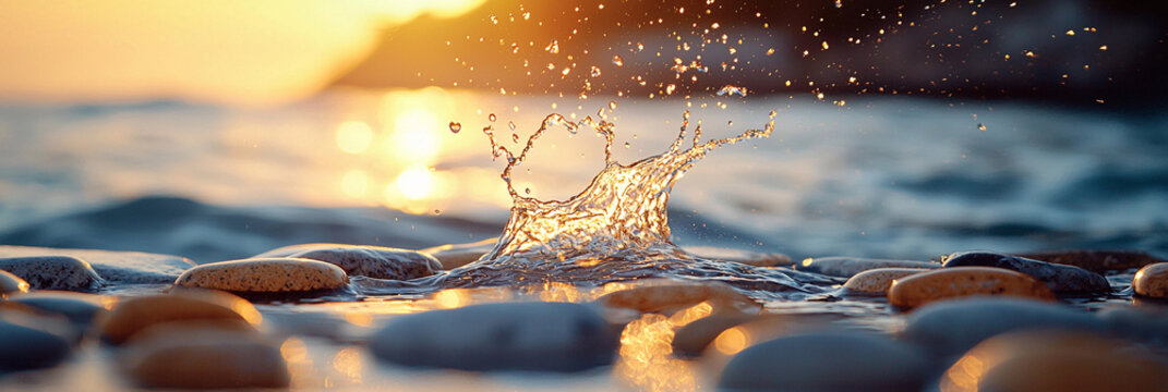 Splashing water dances between sunlit stone tiles at sunset Generative AI
