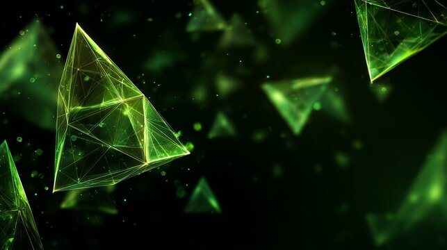 Glowing Green Wireframe Pyramids in Abstract Digital Space. Futuristic Geometric Technology Background.