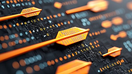 Orange arrows are moving across a dark digital circuit board with binary code and glowing lights, representing data flow and technology.