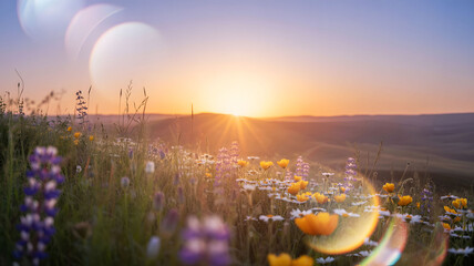 Golden sunset over rolling hills with wildflowers and lens flare