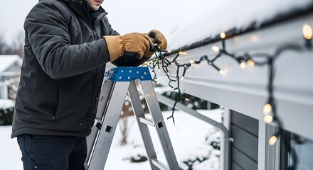 Winter holiday outdoor decorations with festive lights in snowy environment - perfect for seasonal celebrations