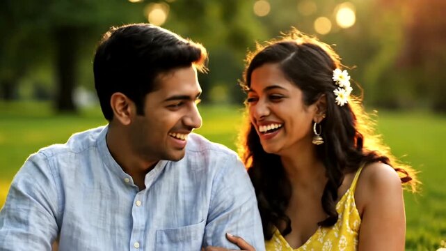 Joyful moments: Young couple laughing together in a sunlit park with green grass and trees - Powered by Adobe