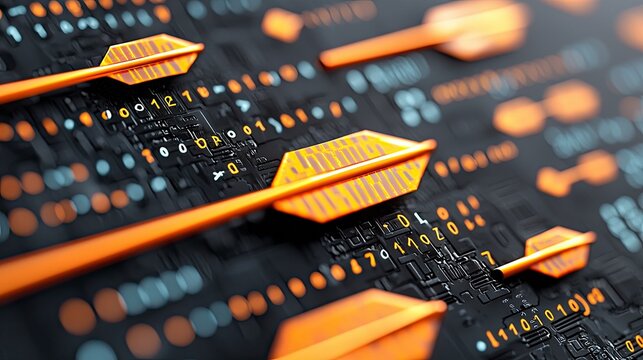 Orange arrows are moving across a dark digital circuit board with binary code and glowing lights, representing data flow and technology. - Powered by Adobe