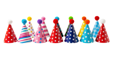 Nine vibrant conical party hats with fluffy pom-poms, various colors and patterns, neatly aligned on a seamless transparent background with copy space, bright even lighting, birthday celebration