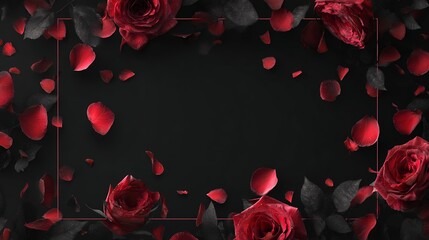 Elegant Dark Floral Frame with Red Roses and Falling Petals on Black Background