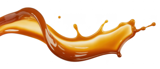 Caramel liquid splash wave with droplets isolated on a transparent background