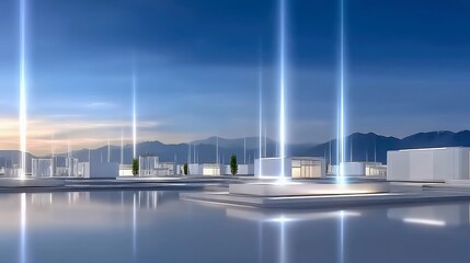 A modern, minimalist cityscape with white buildings and bright blue light beams emanating from structures, set against a twilight sky with mountains in the back