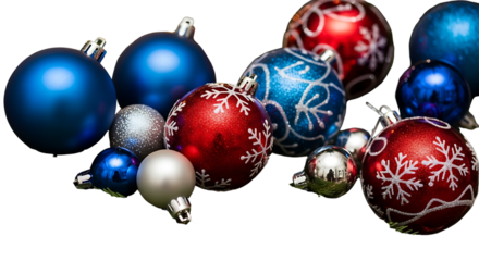 Blue and red Christmas ornaments with intricate floral pattern, isolated on a transparent background for christmas design