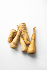 Fresh parsnip roots winter vegetables top view