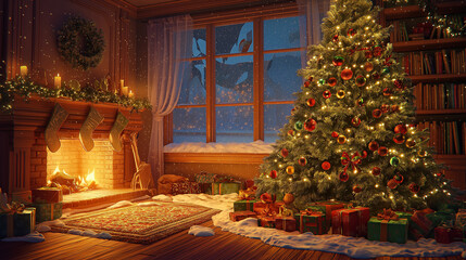 Experience the magic of Christmas with a cozy fireplace, festive tree, and gifts galore, creating a warm, inviting holiday atmosphere for joyous celebration
