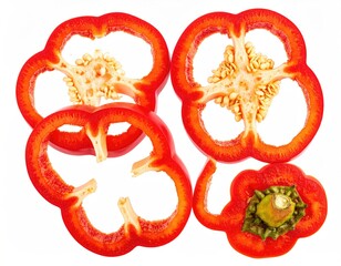 Sliced red bell peppers, top view, seeds exposed