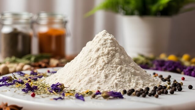 Pile of flour with spices on a white plate