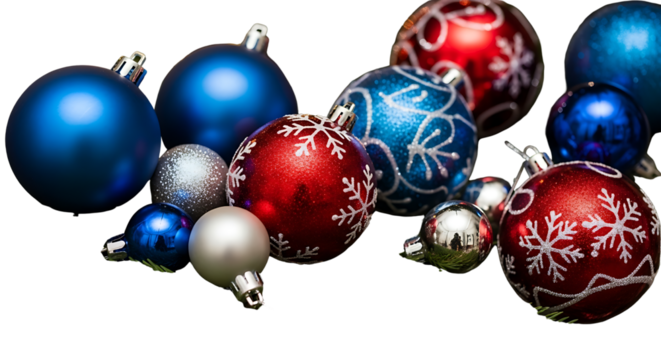 Blue and red Christmas ornaments with intricate floral pattern, isolated on a transparent background for christmas design