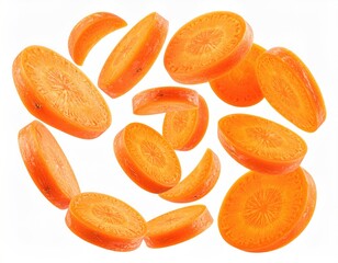 Carrot slices, scattered, circular, vibrant orange on white