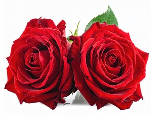 Two dark red roses paired, one green leaf