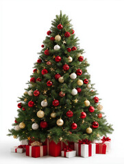 Festive Christmas tree adorned with red and gold ornaments, surrounded by beautifully wrapped presents ready for a joyful holiday celebration season