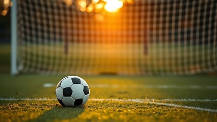 penalty. Soccer ball on the penalty spot with a blurred goal net, golden hour lighting on an empty field. event key visuals, club posters, designed for sports event promotions and stadium branding.