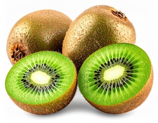 Two whole, one halved kiwi fruit. Fresh and colorful