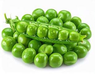 Pile of fresh, green, wet peas with open pod