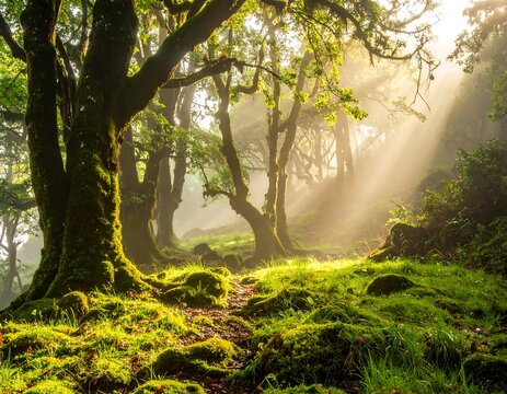 Sunlight filters through a lush, moss-covered forest, illuminating a path. The scene evokes tranquility and serenity