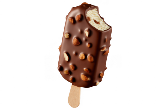 Chocolate covered ice cream bar with almonds and a bite taken out isolated on a transparent background