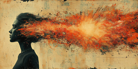 Artistic collage shows profile of a person with vibrant bursts Generative AI