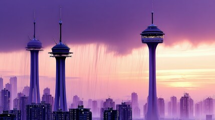 A panoramic view of a futuristic city skyline featuring three prominent, tall towers against a dramatic sunset sky with visible rain streaks. The buildings are