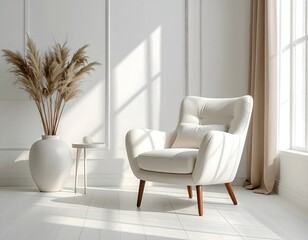 Bright, modern room w/ cream chair and pampas grass.