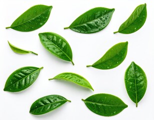 Tea leaves with dew drops on white background