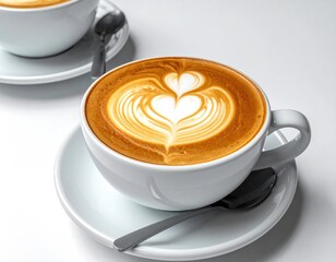 Latte art, heart design in coffee in white mug