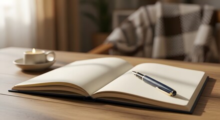Cozy writing retreat with open journal and pen on wooden desk in sunlit room for creative inspiration