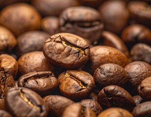 Roasted coffee beans, close-up with warm brown tones