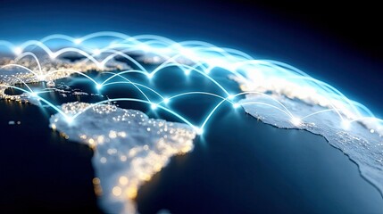 A stylized depiction of the Earth at night, with glowing lines connecting various points across continents, symbolizing global connectivity and data transfer.