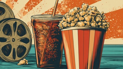 Colorful Vintage Popcorn and Soda Illustration With Film Reels in a Nostalgic Cinema Setting