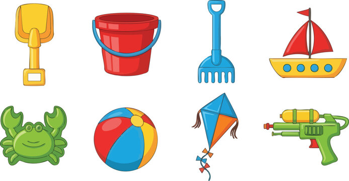 Beach Toys Collection Bucket Shovel Rake Boat Crab Ball Kite and Water Gun.