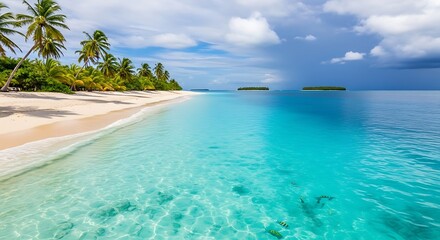 Fototapeta premium Serene Tropical Beach Paradise: Turquoise Waters and Palm Trees