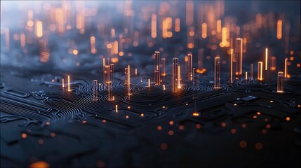An abstract digital artwork featuring a dark circuit board with glowing orange vertical lines and bokeh lights, suggesting a futuristic technological concept.