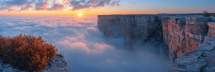 Rugged cliffs rise above misty clouds at sunrise Generative AI