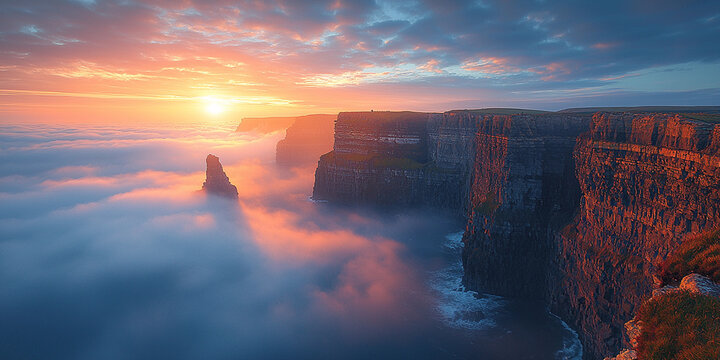 Rugged cliffs bathed in sunset light over misty ocean Generative AI - Powered by Adobe