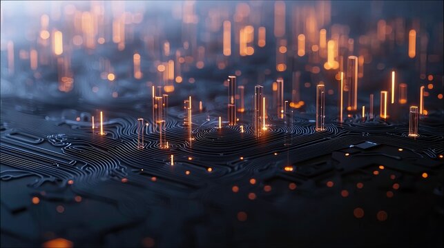 An abstract digital artwork featuring a dark circuit board with glowing orange vertical lines and bokeh lights, suggesting a futuristic technological concept.