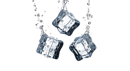 Three ice cubes falling with splashing water droplets isolated on a transparent PNG background, dynamic action shot