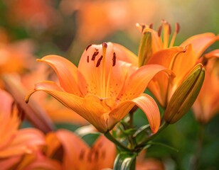 Bright orange lilies in bloom, warm sunlight