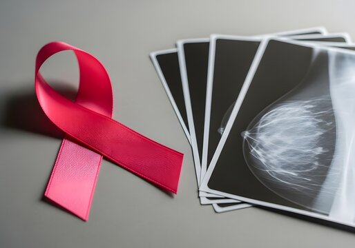 Breast cancer awareness ribbon and mammography images highlight the importance of health screening and early detection