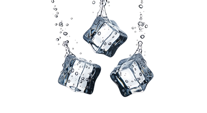 Three ice cubes falling with splashing water droplets isolated on a transparent PNG background, dynamic action shot