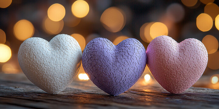 Three textured hearts in soft colors on a wooden surface Generative AI
