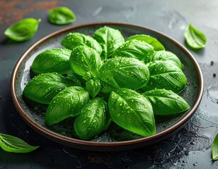 Fresh basil leaves on plate. Dewy, bright, vibrant greens